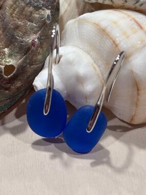 Royal Blue Sea Glass Drop Earrings on Platinum Plated Brass French Hooks